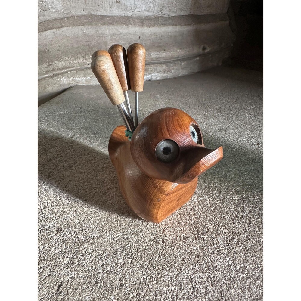 Vintage Mid Century French Retro Rustic Wooden Bird (Duck?) Coctail Pick Holder